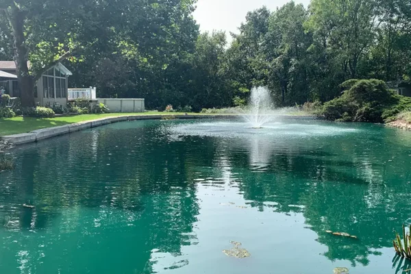 CanAm Professional Landscaping - large pond with fountain backyard landscaping project - Girard, IL